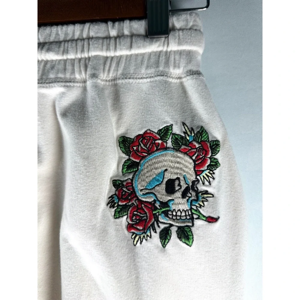 Ed Hardy Womens Cream Wide Leg Sweatpants Skull Roses Pink Logo Y2K Joggers Sz S